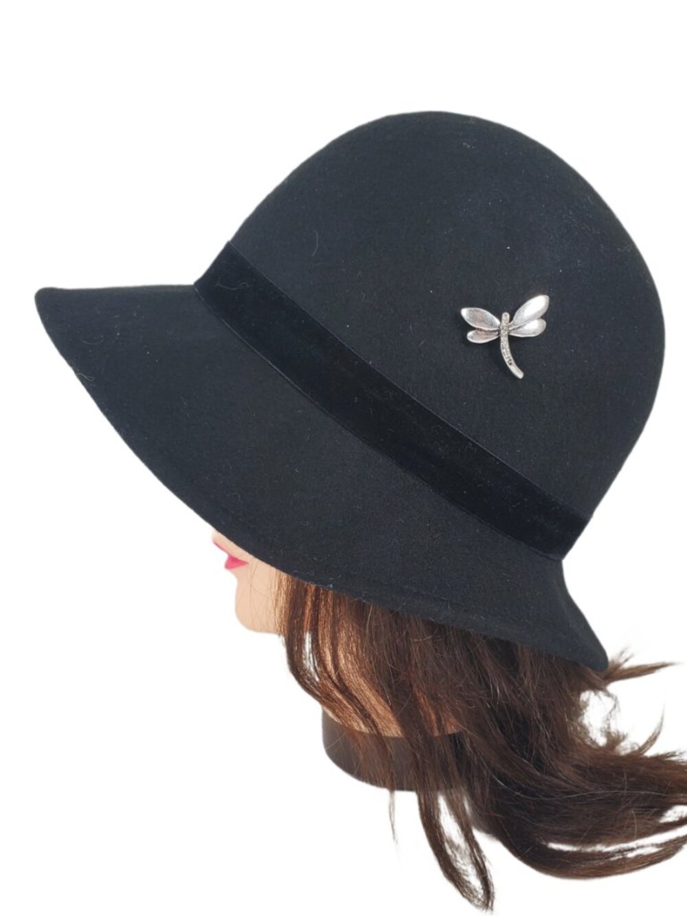 Forever 21 Black Cloche Hat 100% Wool Velvet w/ Ribbon Bow & Dragonfly Broach